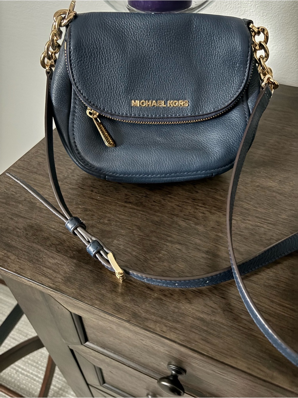 Michael Kors Navy Leather Chain-Accent Crossbody